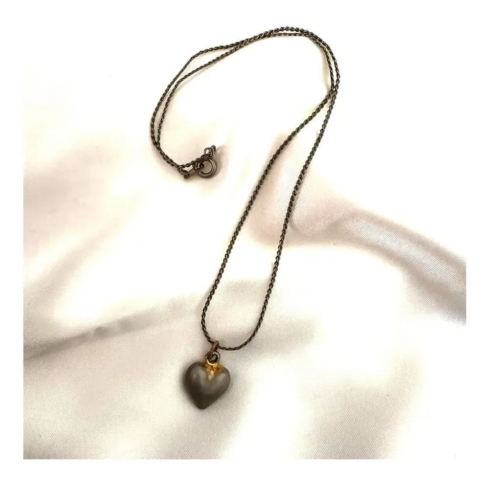 Silver tone puffy heart pendant necklace
